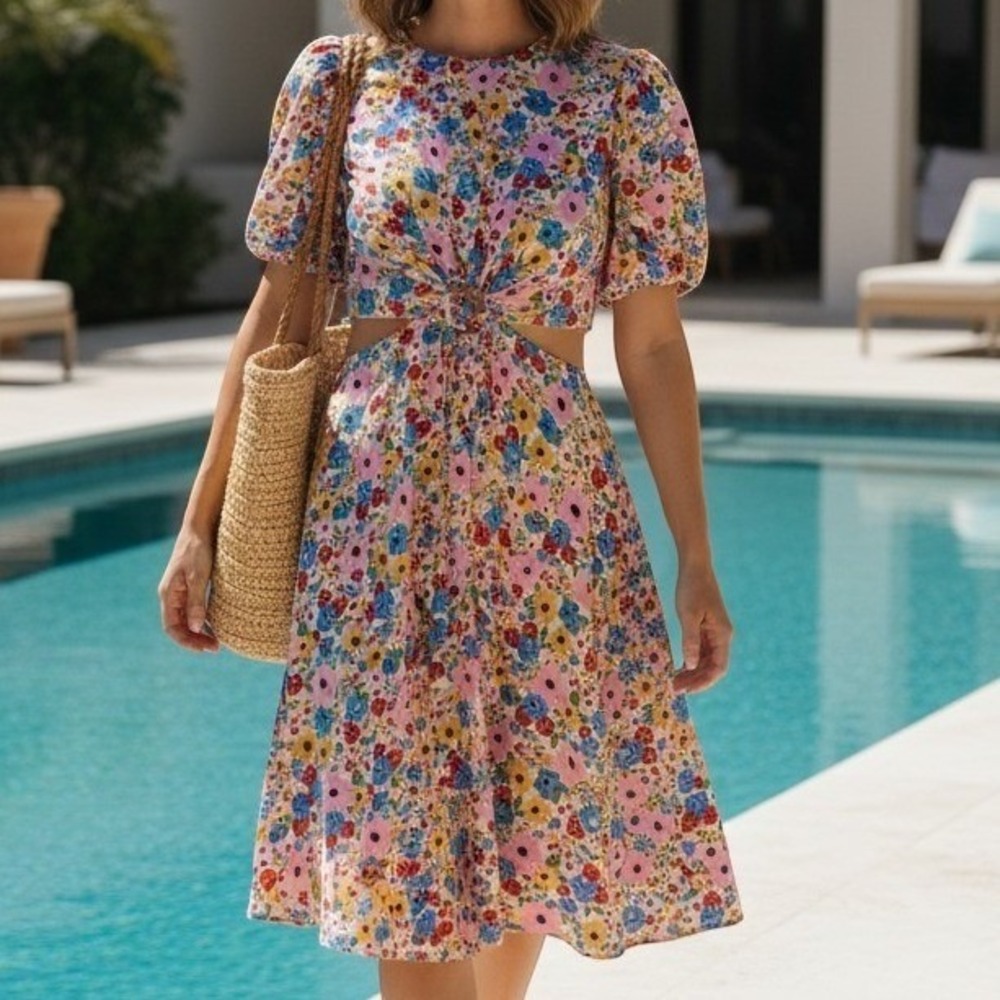 Floral Cut-Out O-Ring Dress Pink Blue Yellow Puff Sleeve